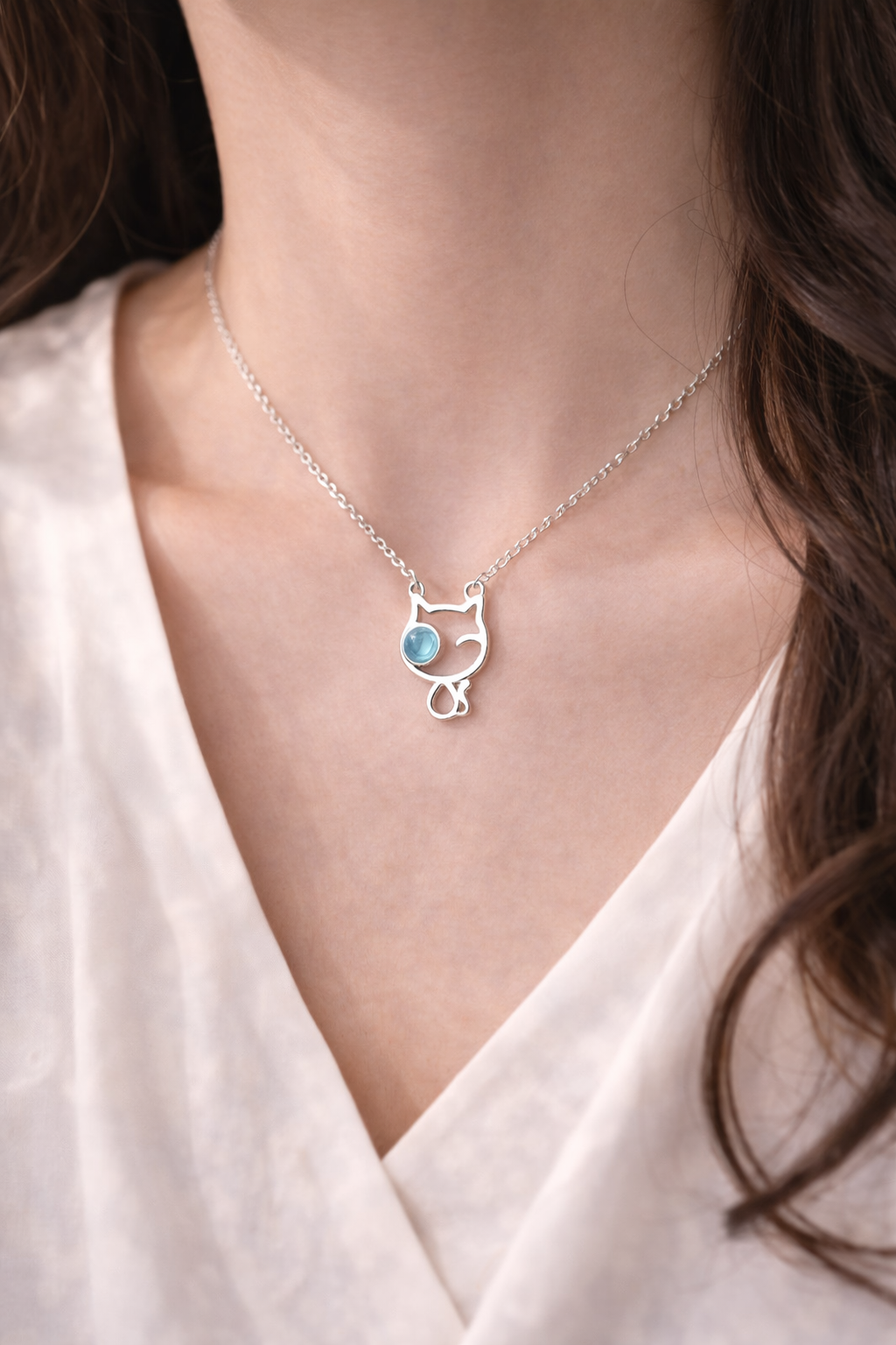 Colar Pingente Gato Cristal em Prata 925
