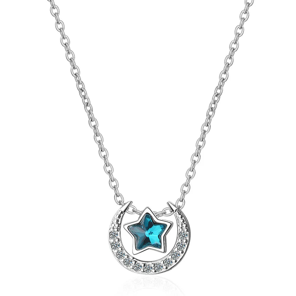 Colar Estrela e Lua em Prata 925 com Cristal Azul