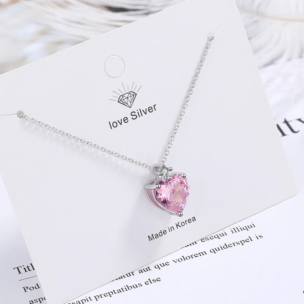 Colar Coração Rosa em Prata 925 com Zircônia