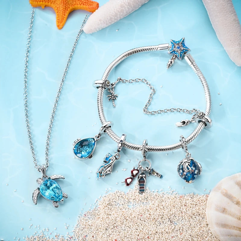 Colar com Pingente Tartaruga do Mar em Prata 925 com Cristal Azul