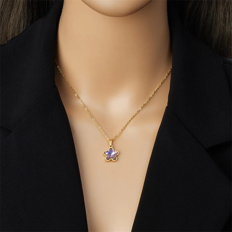 Conjunto Colar e Brinco Flor Colorida com Zircônia