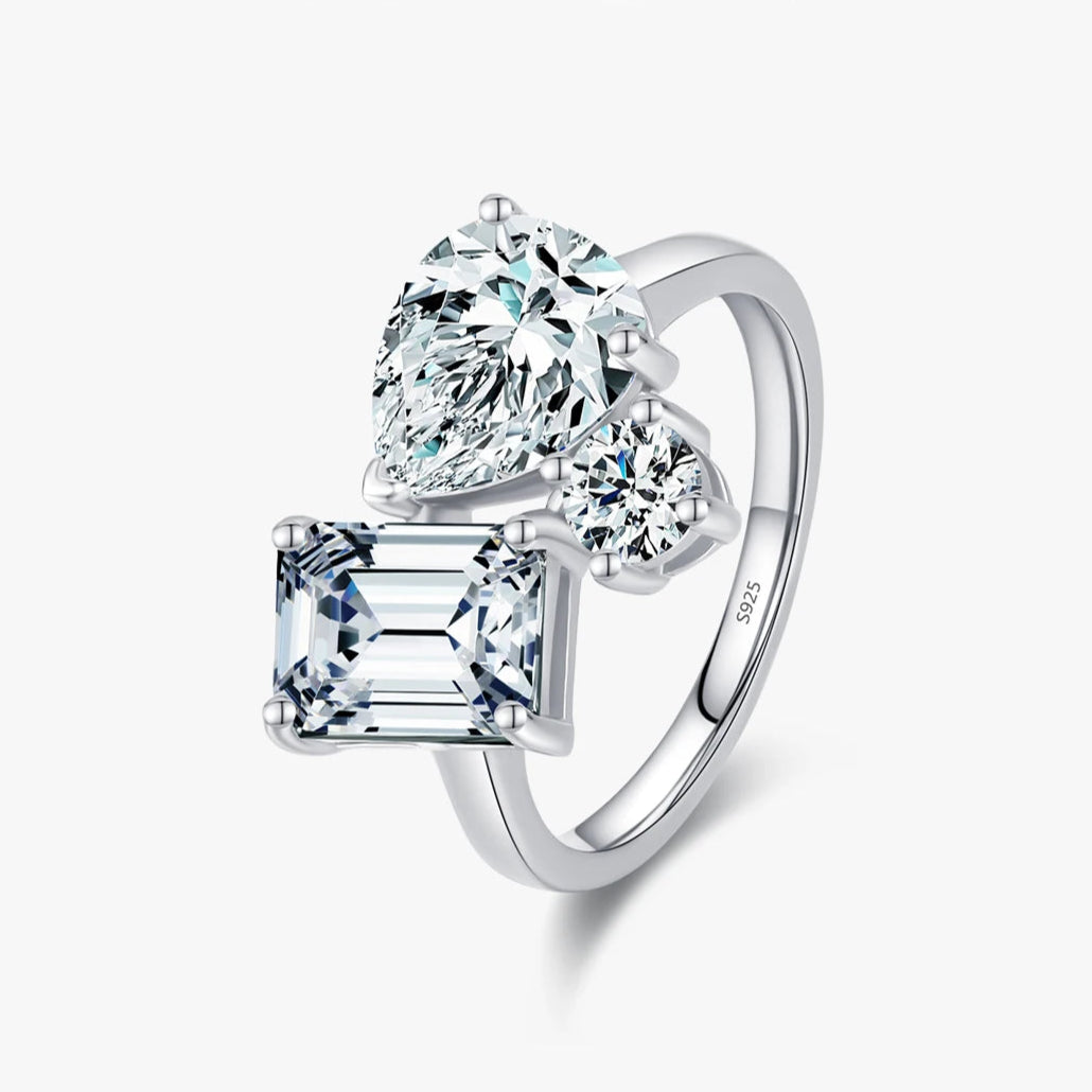 Anel de Luxo em Prata 925 Corte Esmeralda Geométrico