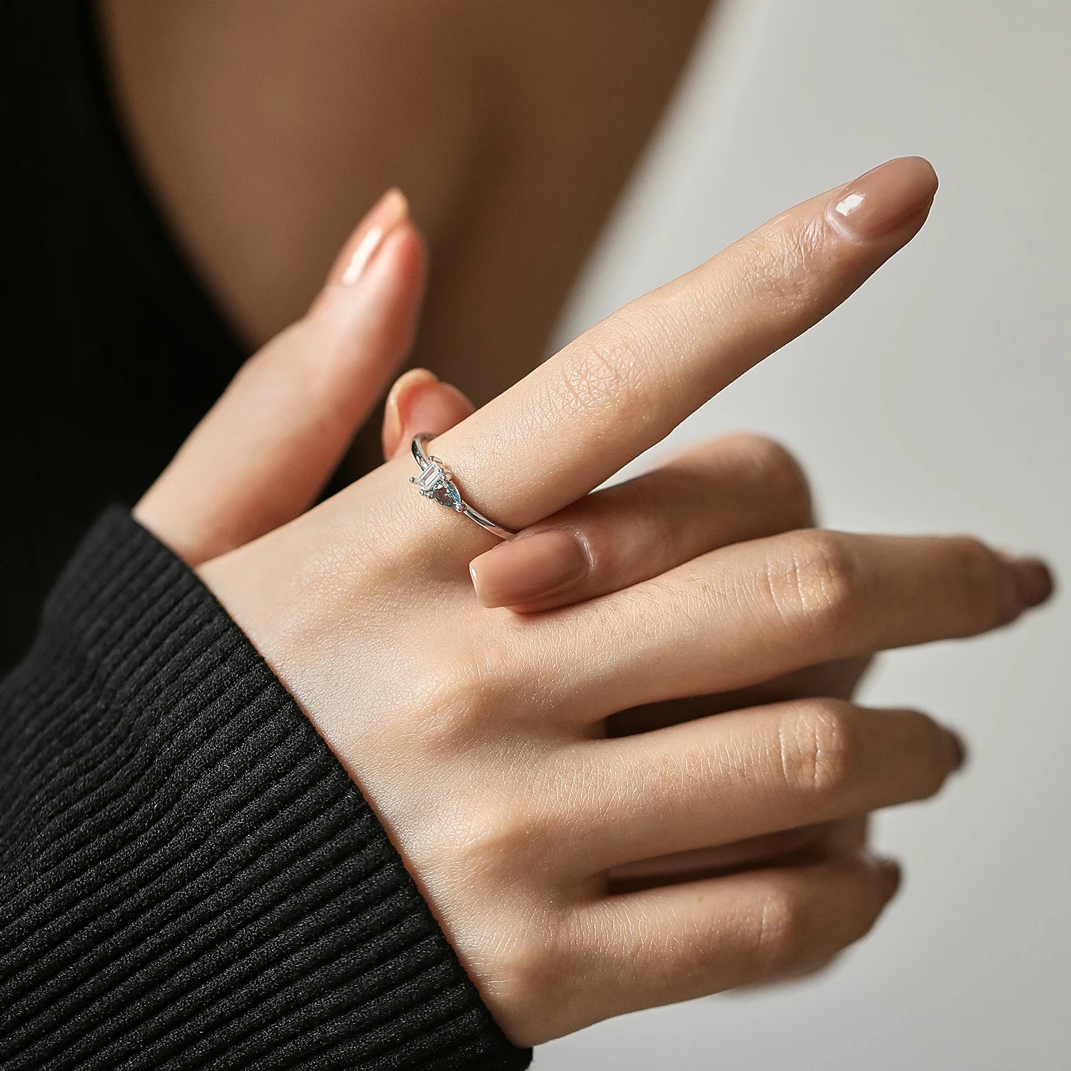 Anel Gota Azul com Zircônia 925 Prata Esterlina Noivado/Namoro