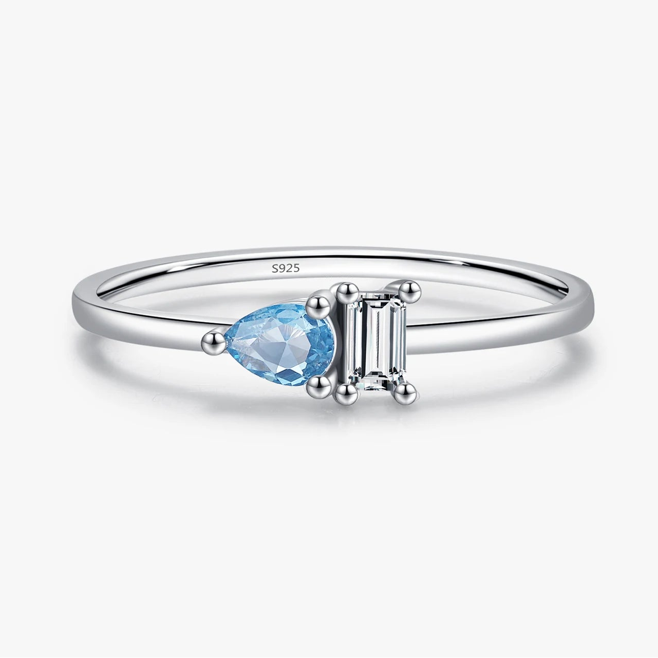 Anel Gota Azul com Zircônia 925 Prata Esterlina Noivado/Namoro