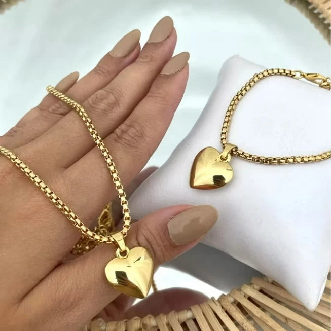Colar + Pulseira Feminino com Pingente de Coração Dourado