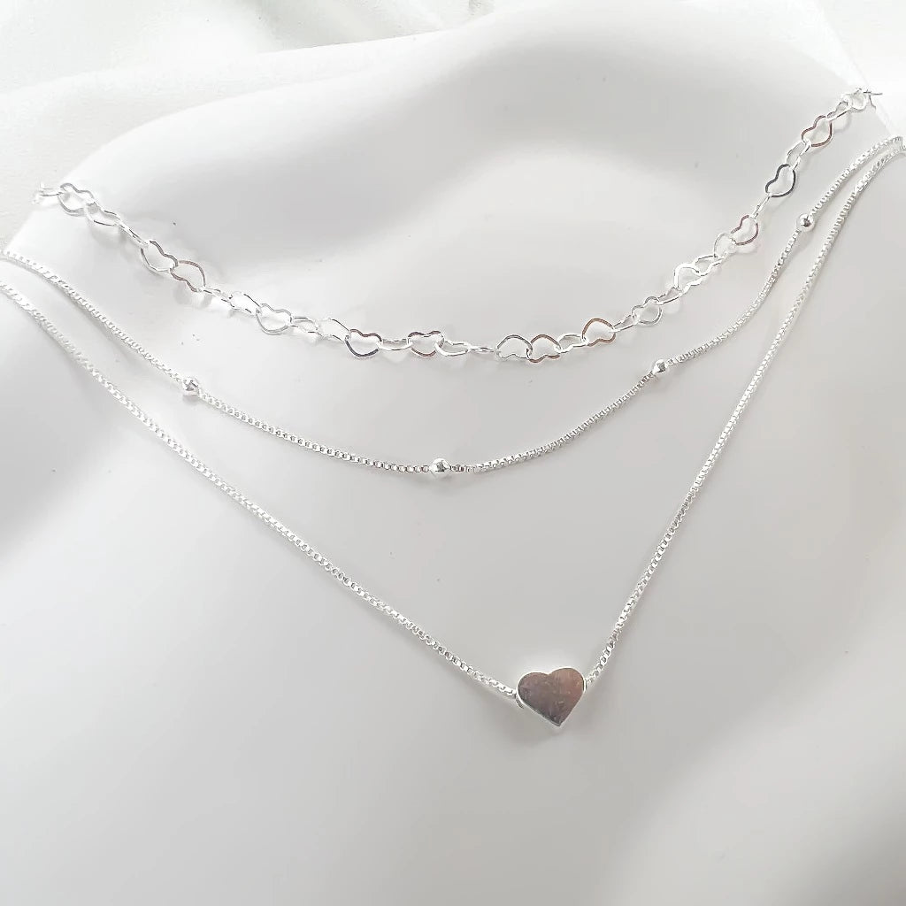 Colar 3 Camadas Corações Prata 925