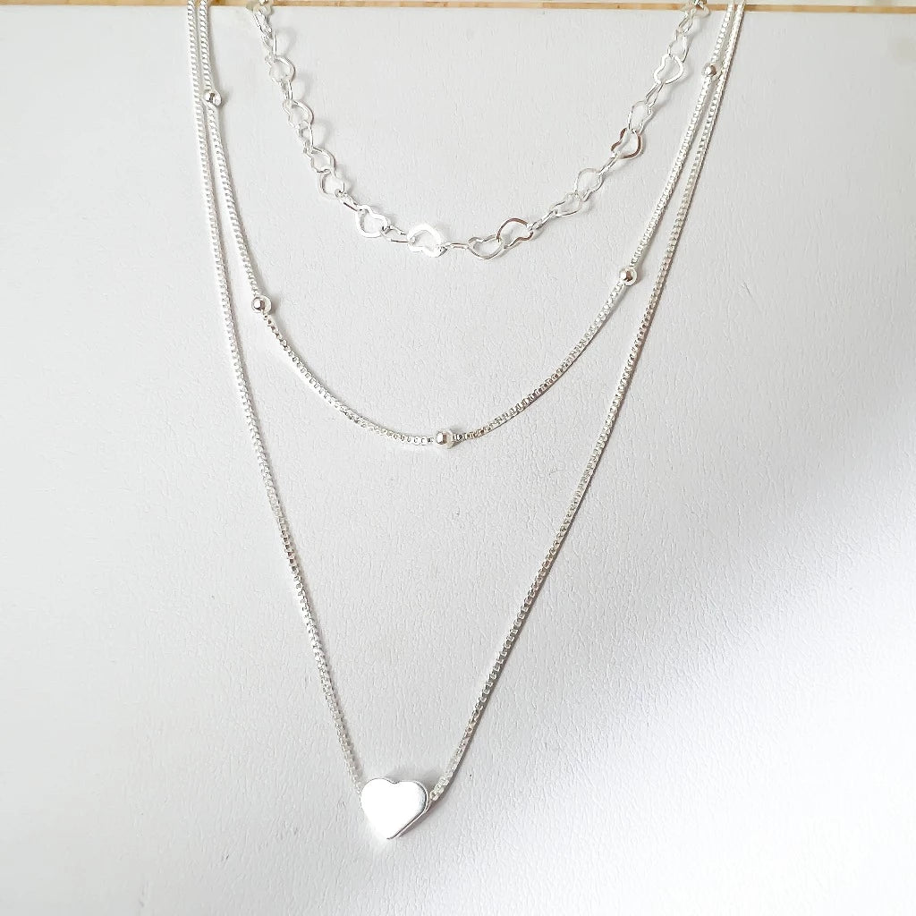 Colar 3 Camadas Corações Prata 925