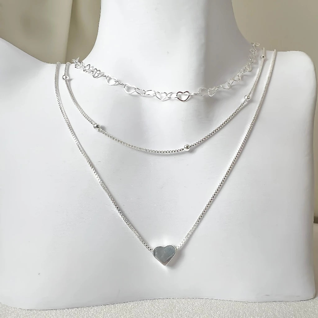 Colar 3 Camadas Corações Prata 925